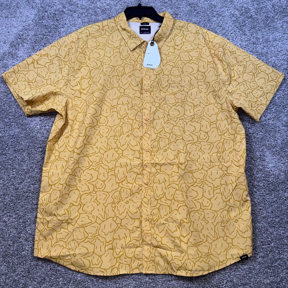 prAna Lost Sol Printed SS Shirt Mens Pollen Feelings Yellow XL NEW - Picture 2 of 10